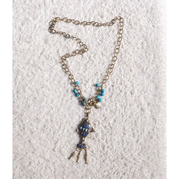 Vintage 00s Lilly Pulitzer Blue Gold Fish Necklace - Picture 1 of 6